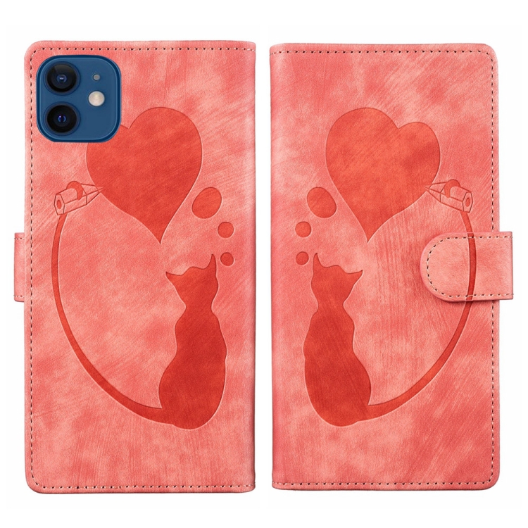 

For iPhone 12 Pen Heart Cat Embossed Leather Phone Case(Orange)