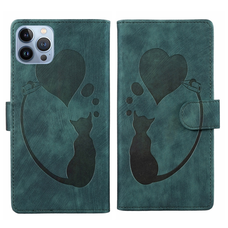 

For iPhone 12 Pro Max Pen Heart Cat Embossed Leather Phone Case(Green)