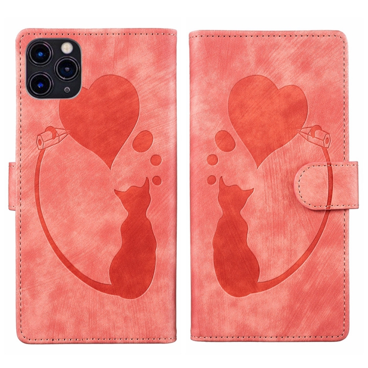

For iPhone 11 Pro Max Pen Heart Cat Embossed Leather Phone Case(Orange)