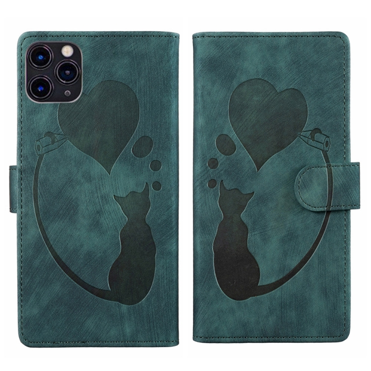 

For iPhone 11 Pro Max Pen Heart Cat Embossed Leather Phone Case(Green)