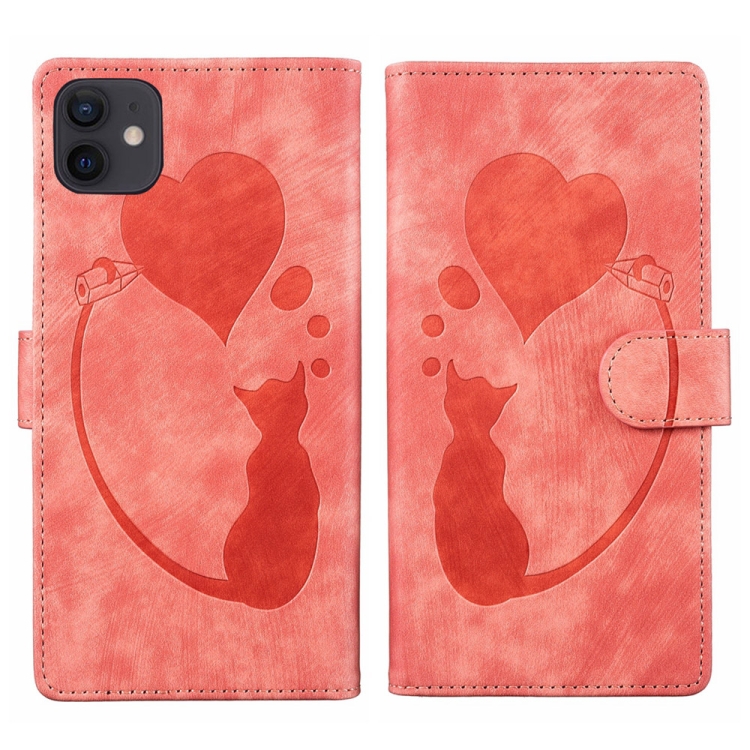 

For iPhone 11 Pen Heart Cat Embossed Leather Phone Case(Orange)