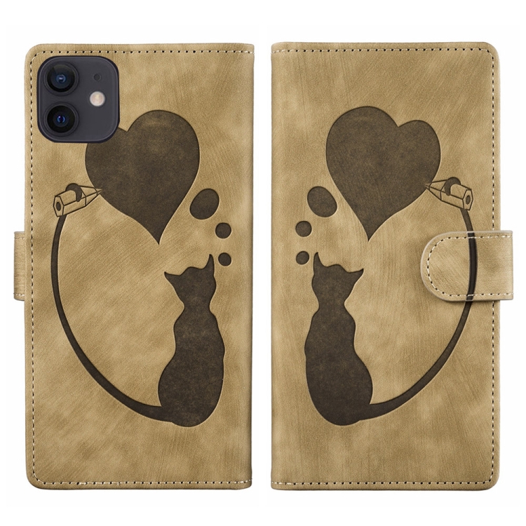 

For iPhone 11 Pen Heart Cat Embossed Leather Phone Case(Apricot)