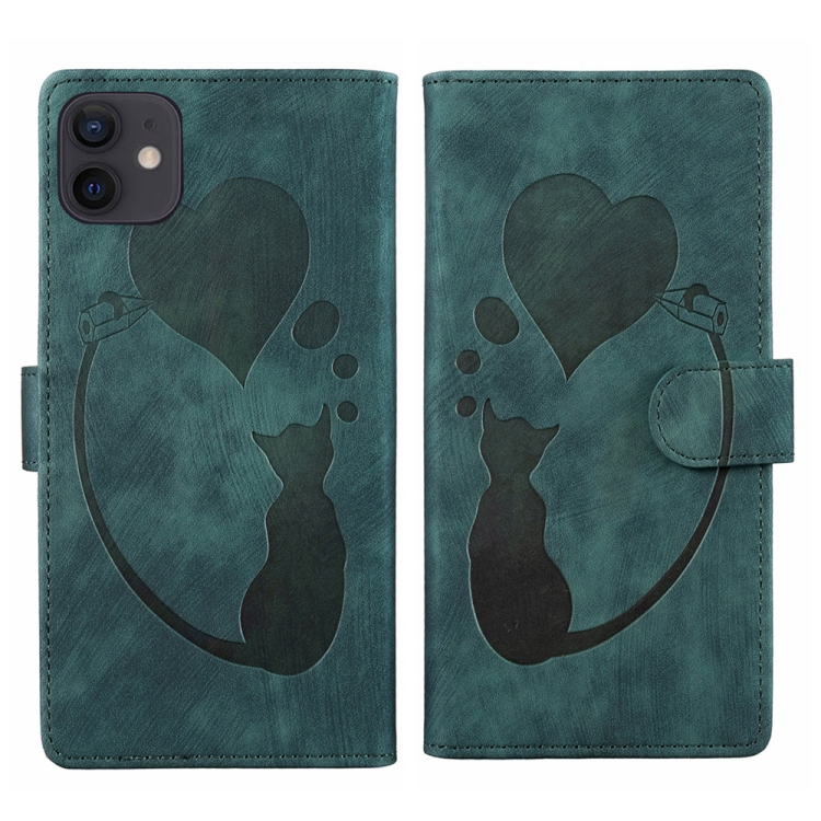 

For iPhone 11 Pen Heart Cat Embossed Leather Phone Case(Green)