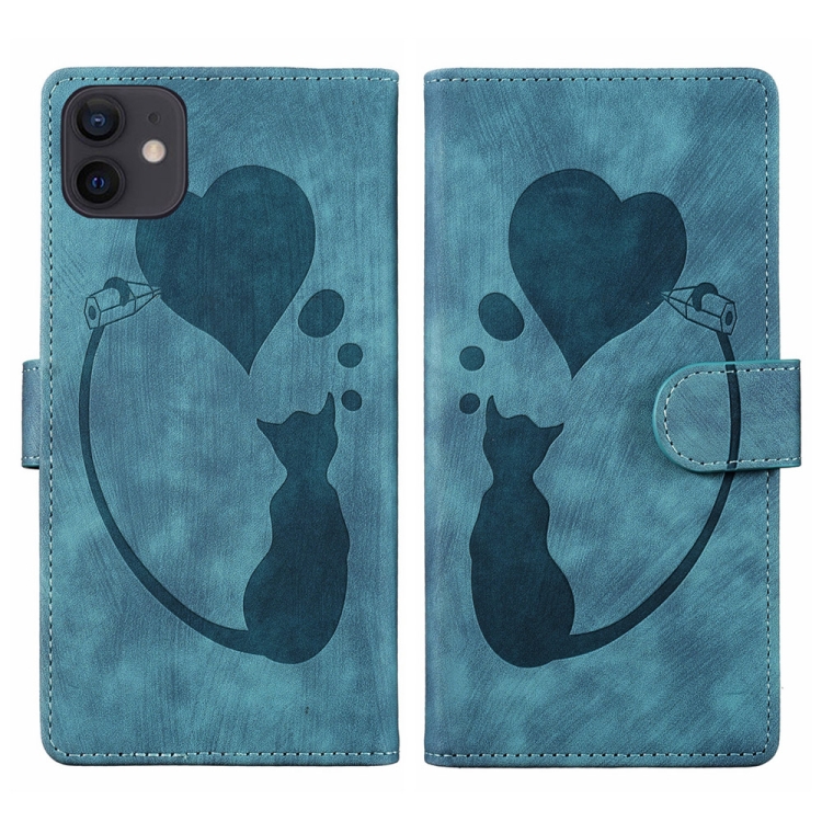 

For iPhone 11 Pen Heart Cat Embossed Leather Phone Case(Blue)