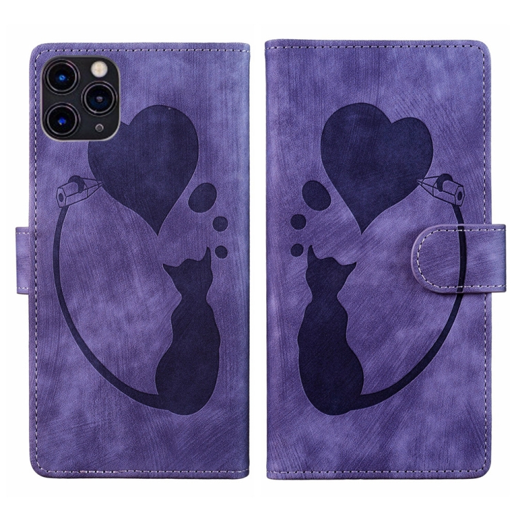 

For iPhone 11 Pro Pen Heart Cat Embossed Leather Phone Case(Purple)