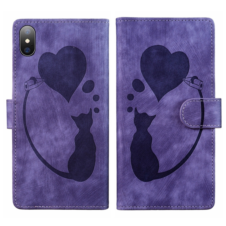 

For iPhone X / XS Pen Heart Cat Embossed Leather Phone Case(Purple)