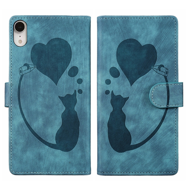 

For iPhone XR Pen Heart Cat Embossed Leather Phone Case(Blue)