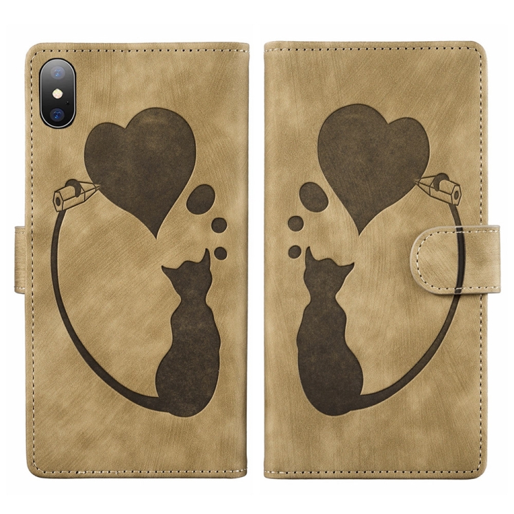 

For iPhone XS Max Pen Heart Cat Embossed Leather Phone Case(Apricot)