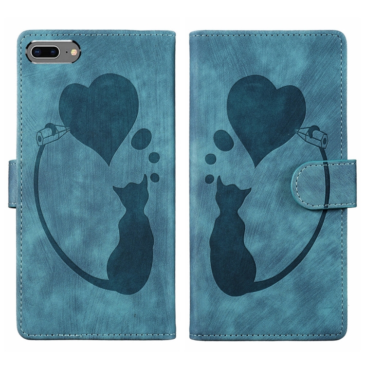 

For iPhone 7 Plus / 8 Plus Pen Heart Cat Embossed Leather Phone Case(Blue)