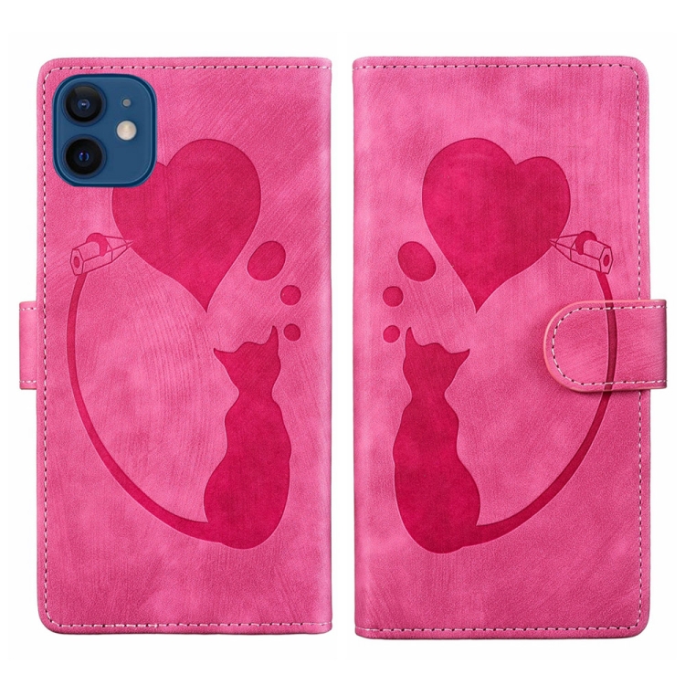 

For iPhone 12 mini Pen Heart Cat Embossed Leather Phone Case(Pink)