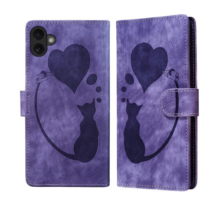 

For iPhone 17 Pen Heart Cat Embossed Leather Phone Case(Purple)