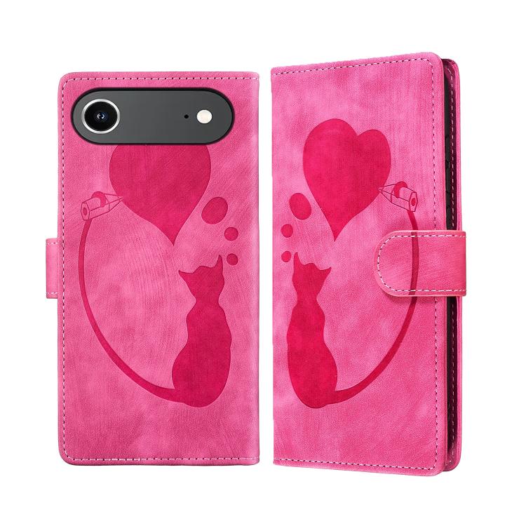 

For iPhone 17 Air Pen Heart Cat Embossed Leather Phone Case(Pink)