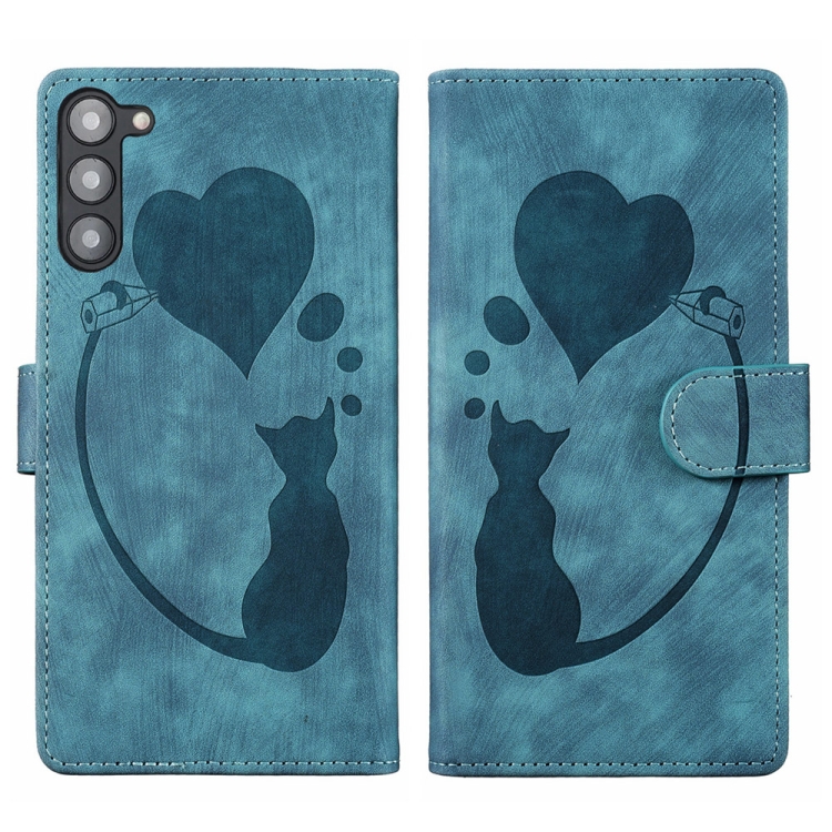 

For Samsung Galaxy S23 5G Pen Heart Cat Embossed Leather Phone Case(Blue)