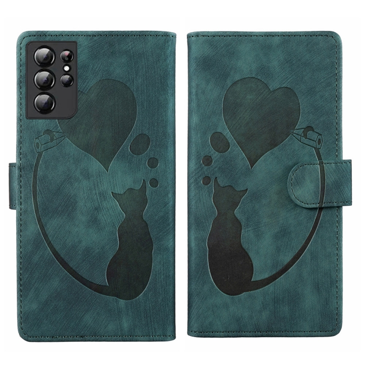 

For Samsung Galaxy S21 Ultra 5G Pen Heart Cat Embossed Leather Phone Case(Green)