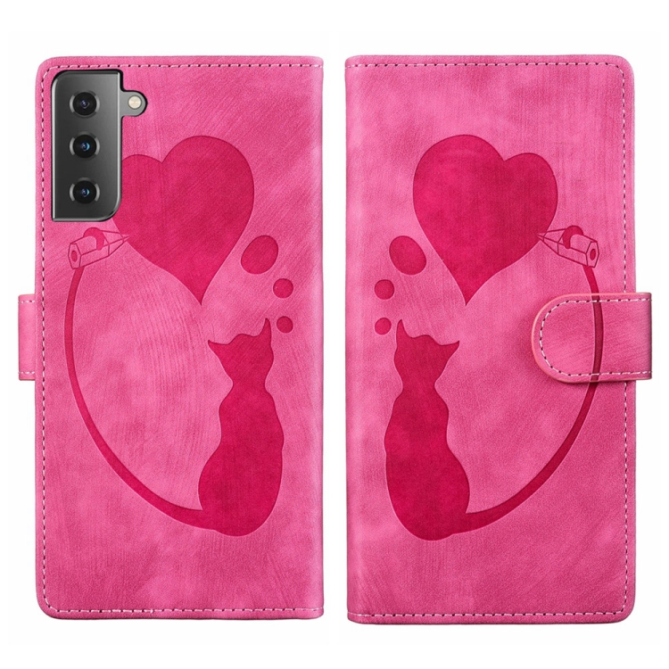 

For Samsung Galaxy S21+ 5G Pen Heart Cat Embossed Leather Phone Case(Pink)