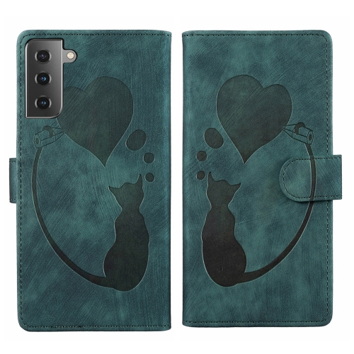 

For Samsung Galaxy S21 5G Pen Heart Cat Embossed Leather Phone Case(Green)