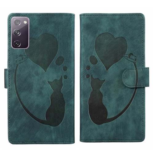 

For Samsung Galaxy S20 FE 5G Pen Heart Cat Embossed Leather Phone Case(Green)