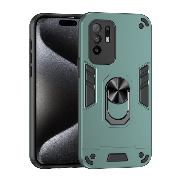 

For OPPO F19 Pro+ Shockproof Metal Ring Holder Phone Case(Green)