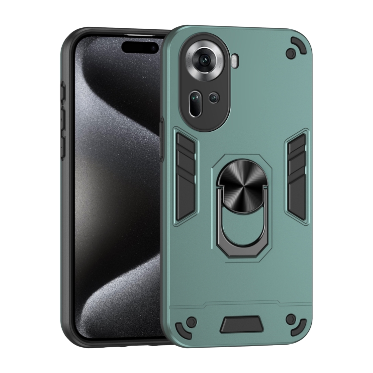 

For OPPO Reno11 Global Shockproof Metal Ring Holder Phone Case(Green)