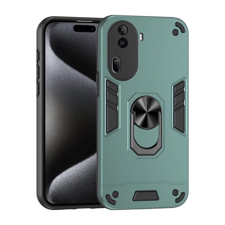 

For OPPO Reno11 Pro Global Shockproof Metal Ring Holder Phone Case(Green)