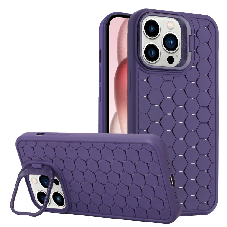 

For iPhone 15 Pro Honeycomb Radiating Lens Holder TPU Phone Case(Purple)