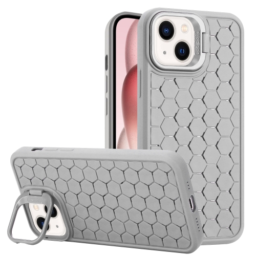 

For iPhone 15 Honeycomb Radiating Lens Holder TPU Phone Case(Grey)