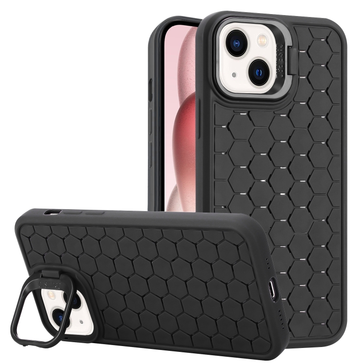 

For iPhone 14 Plus Honeycomb Radiating Lens Holder TPU Phone Case(Black)