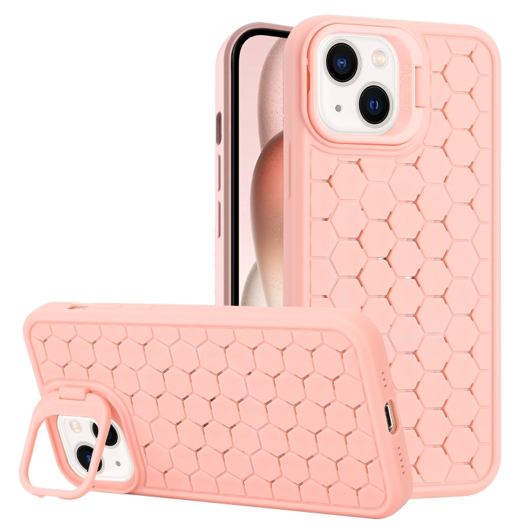 

For iPhone 14 Honeycomb Radiating Lens Holder TPU Phone Case(Pink)