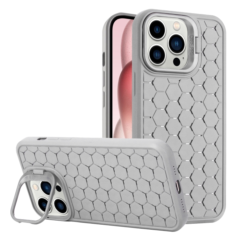 

For iPhone 13 Pro Max Honeycomb Radiating Lens Holder TPU Phone Case(Grey)