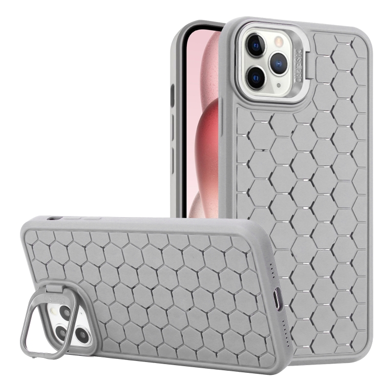 

For iPhone 12 Pro Max Honeycomb Radiating Lens Holder TPU Phone Case(Grey)