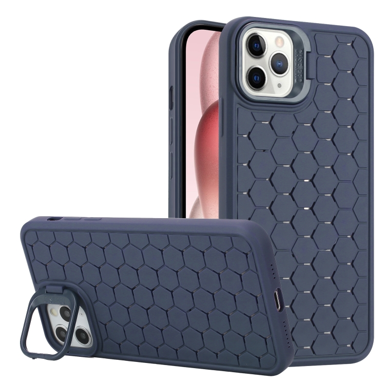 

For iPhone 12 Pro Max Honeycomb Radiating Lens Holder TPU Phone Case(Blue)