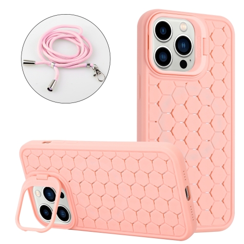 

For iPhone 15 Pro Max Honeycomb Radiating Holder TPU Phone Case with Lanyard(Pink)