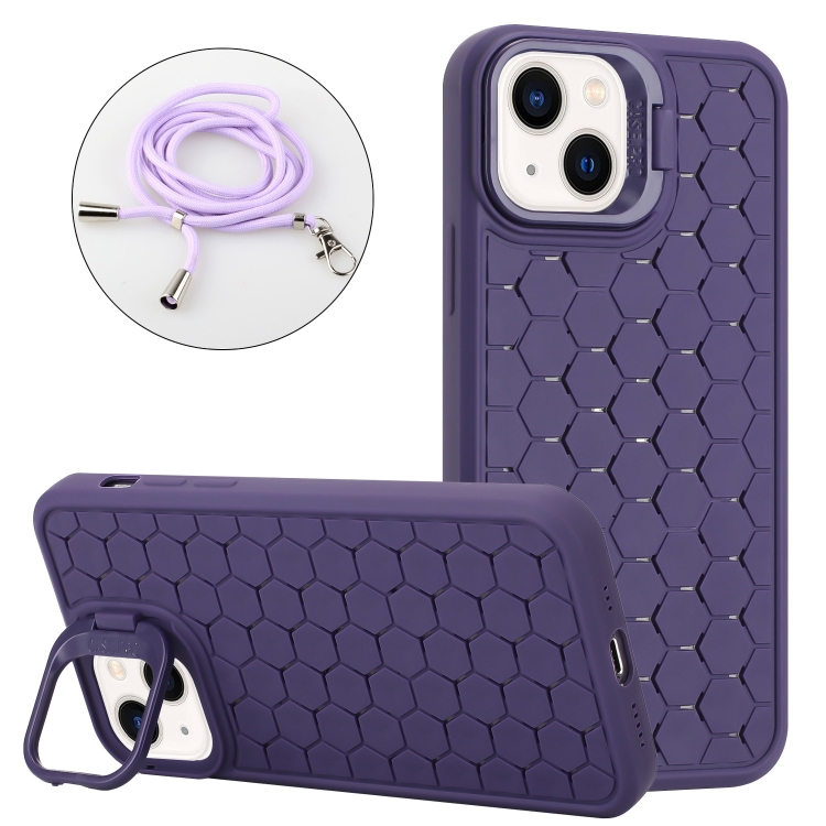 

For iPhone 15 Honeycomb Radiating Holder TPU Phone Case with Lanyard(Purple)