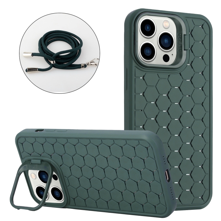 

For iPhone 14 Pro Max Honeycomb Radiating Holder TPU Phone Case with Lanyard(Green)