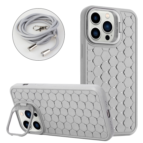 

For iPhone 13 Pro Max Honeycomb Radiating Holder TPU Phone Case with Lanyard(Grey)