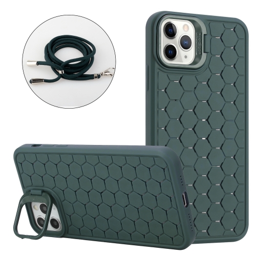 

For iPhone 11 Pro Honeycomb Radiating Holder TPU Phone Case with Lanyard(Green)
