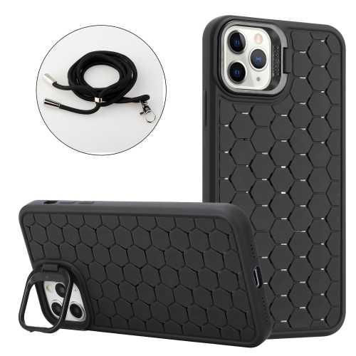 

For iPhone 16 Pro Honeycomb Radiating Holder TPU Phone Case with Lanyard(Black)