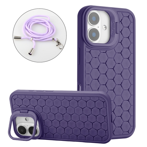 

For iPhone 16 Honeycomb Radiating Holder TPU Phone Case with Lanyard(Purple)