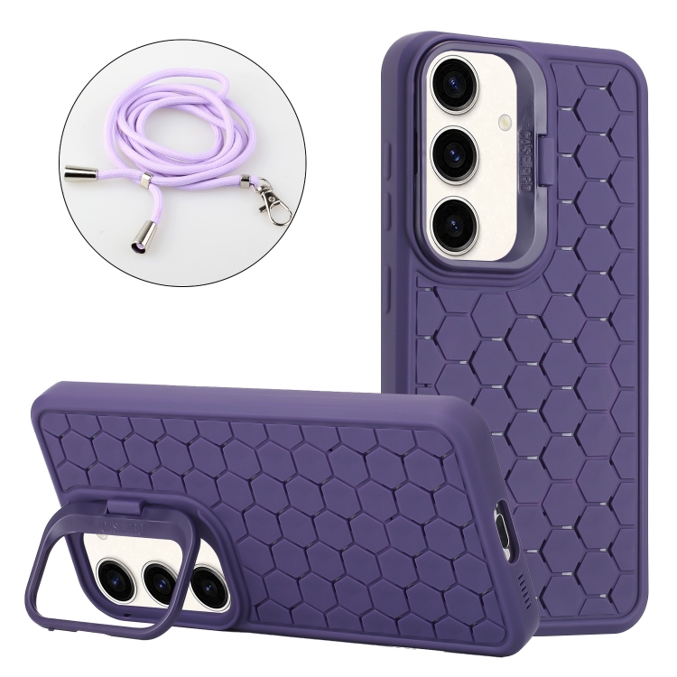 

For Samsung Galaxy S24 5G Honeycomb Radiating Holder TPU Phone Case with Lanyard(Purple)