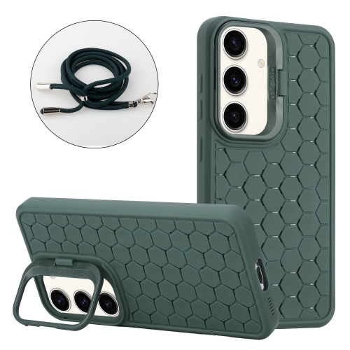 

For Samsung Galaxy S23 FE 5G Honeycomb Radiating Holder TPU Phone Case with Lanyard(Green)