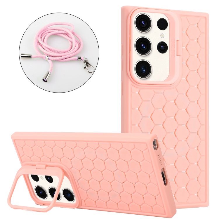 

For Samsung Galaxy S23 Ultra 5G Honeycomb Radiating Holder TPU Phone Case with Lanyard(Pink)