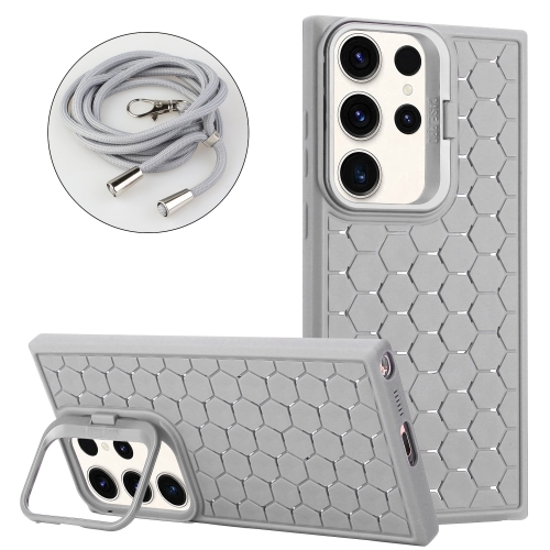 

For Samsung Galaxy S23 Ultra 5G Honeycomb Radiating Holder TPU Phone Case with Lanyard(Grey)