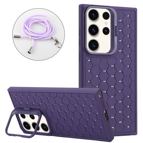 

For Samsung Galaxy S23 Ultra 5G Honeycomb Radiating Holder TPU Phone Case with Lanyard(Purple)