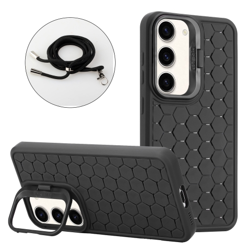 

For Samsung Galaxy S23+ 5G Honeycomb Radiating Holder TPU Phone Case with Lanyard(Black)