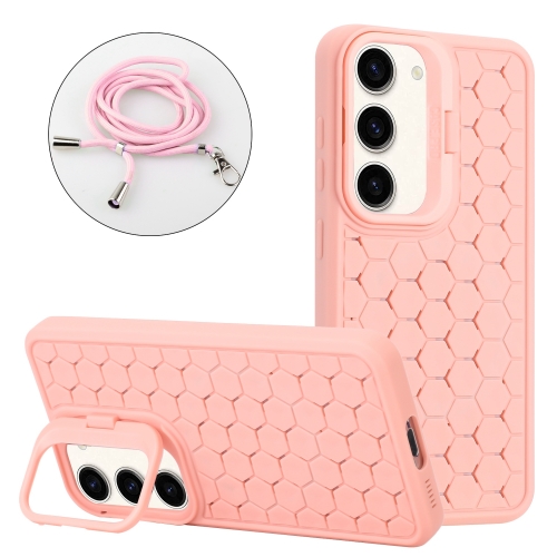 

For Samsung Galaxy S23 5G Honeycomb Radiating Holder TPU Phone Case with Lanyard(Pink)