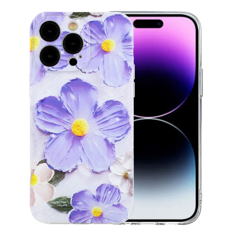

For iPhone 15 Pro Colorful Painting Pattern TPU Phone Case(Purple Flowers)