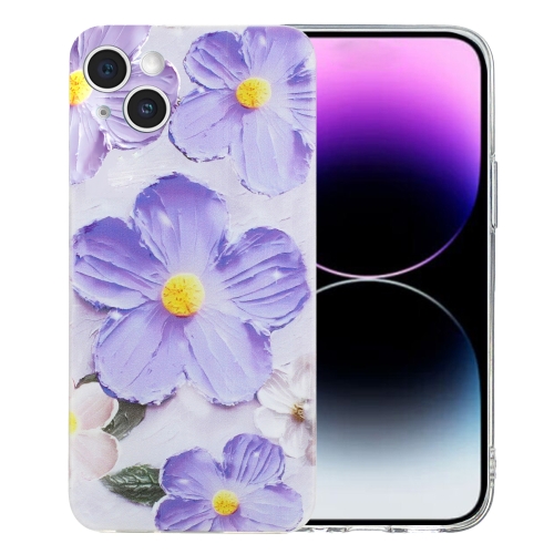

For iPhone 15 Colorful Painting Pattern TPU Phone Case(Purple Flowers)