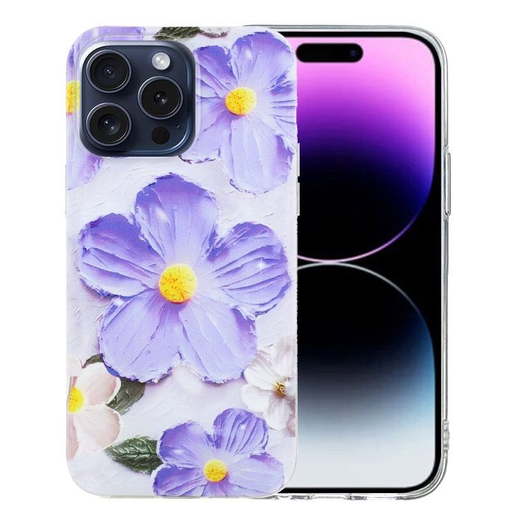 

For iPhone 16 Pro Colorful Painting Pattern TPU Phone Case(Purple Flowers)