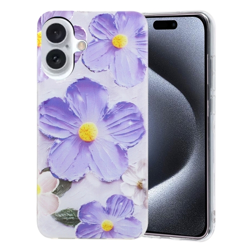 

For iPhone 16 Plus Colorful Painting Pattern TPU Phone Case(Purple Flowers)