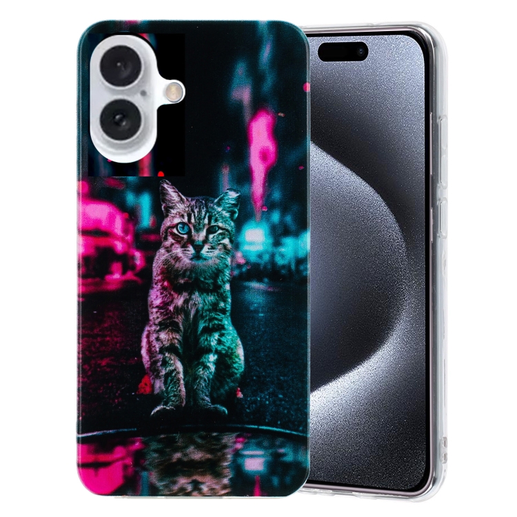 

For iPhone 16 Plus Colorful Painting Pattern TPU Phone Case(Traffic Light Cat)